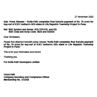 Kolte-Patil completes final tranche payment of Rs. 70 crore - Life Republic